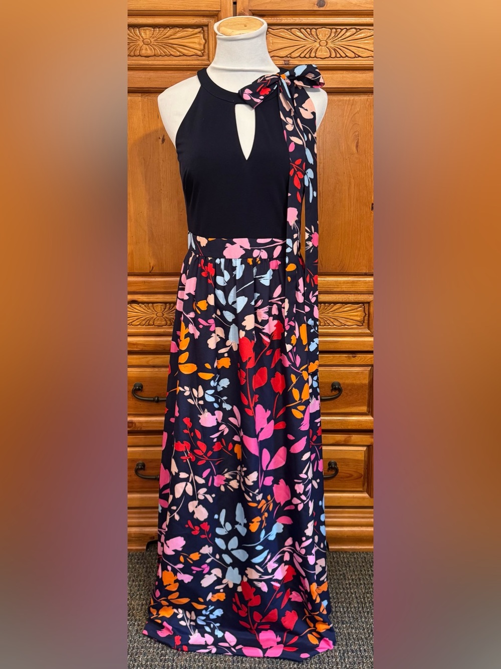 Vince Camuto Navy Halter Maxi Dress with Pink, Red & Orange Floral Print